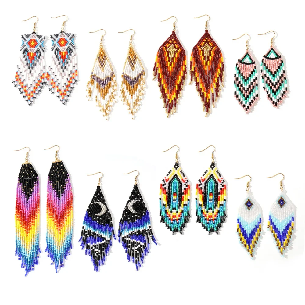 

ZGMXR Rice bead earrings Tassel Gradient Geometry Design Originality Hand knitting Bohemia Fashion Alloy Simple Beaded earrings