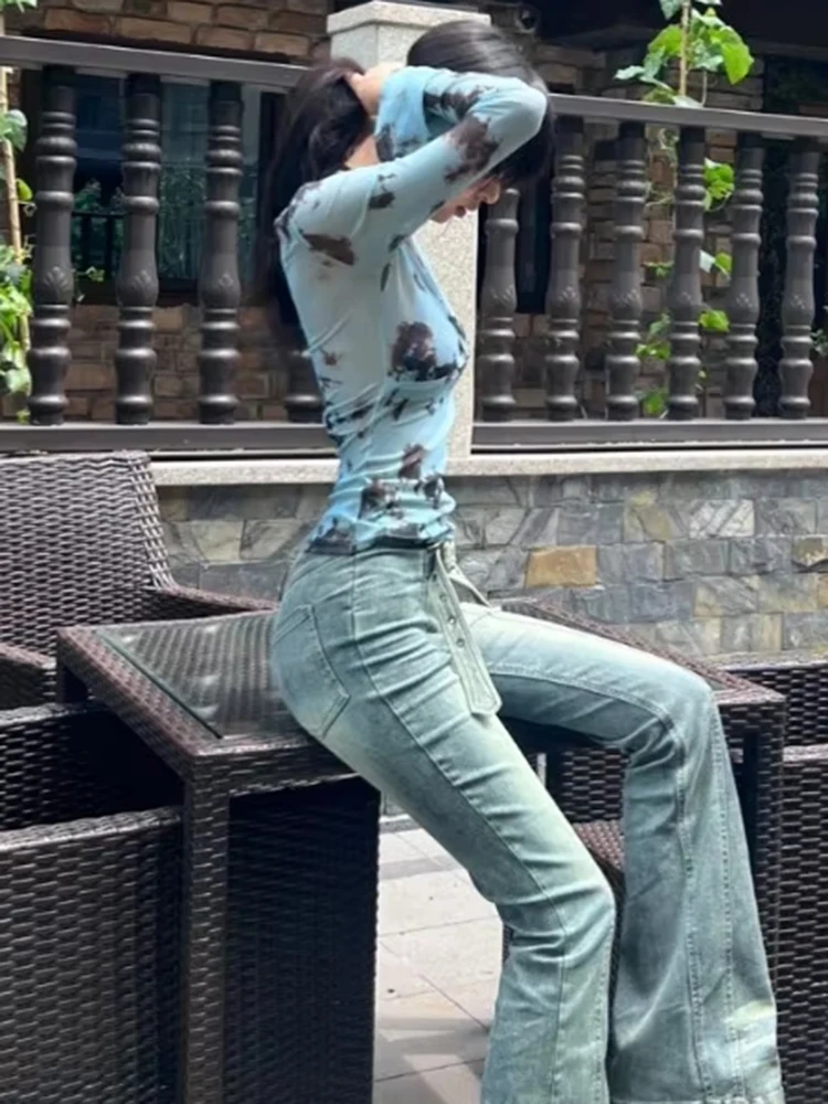 النمط الأمريكي الأزرق التعادل صبغ شبكة طباعة تي شيرت مثير سليم صالح الجوف خارج تي شيرت Y2k كم طويل حماية الشمس القمم النساء