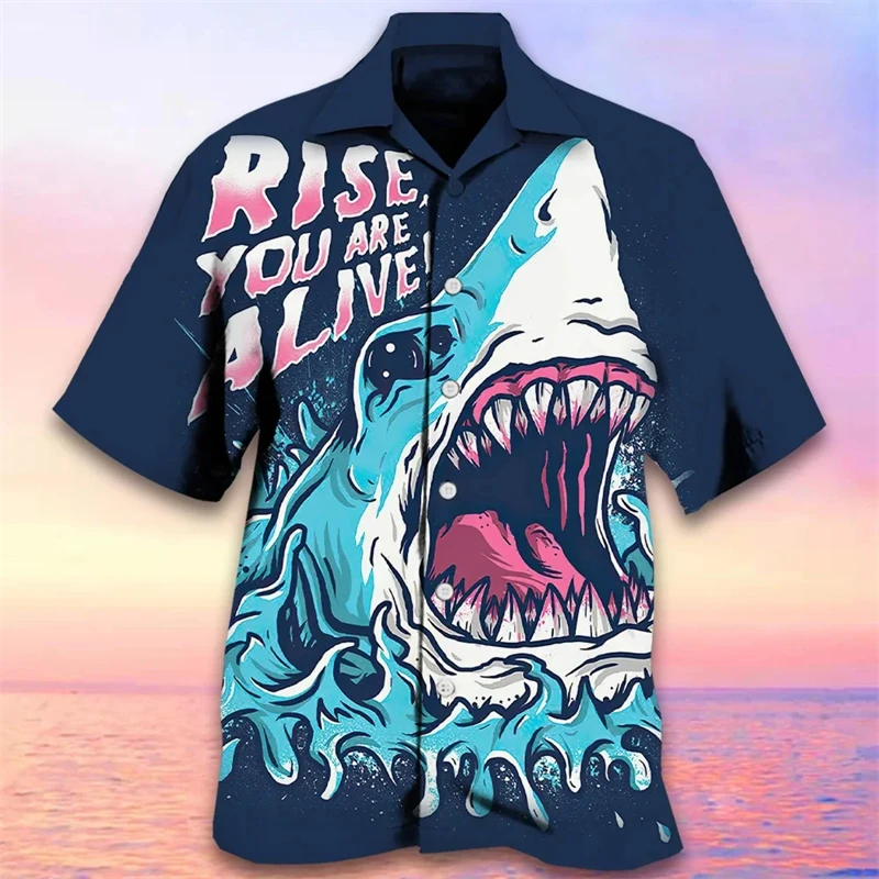 Boxing Shark 3D Printed Hawaiian Shirts For Men Clothes Hip Hop Y2k Blouses Horror Animal Graphic Boy Beach Shirts Lapel Blouse