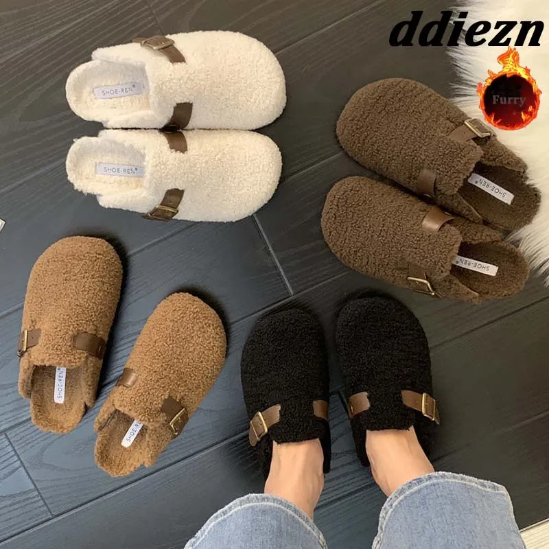 2024 Winter Warm Ladies Flat With Furry Shoes Fashion Buckle Strap Women Mules Fur Slippers Casual Outdoor Indoor Female Slides