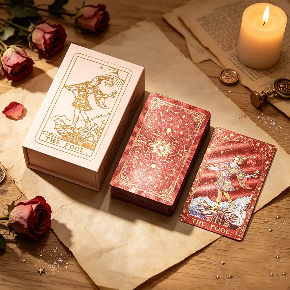 7*12cm Premium Red Gold Foil Tarot Cards PVC Glitter Laser Holographic Divination Deck with Guidebook Luxury Gift Box Board Game