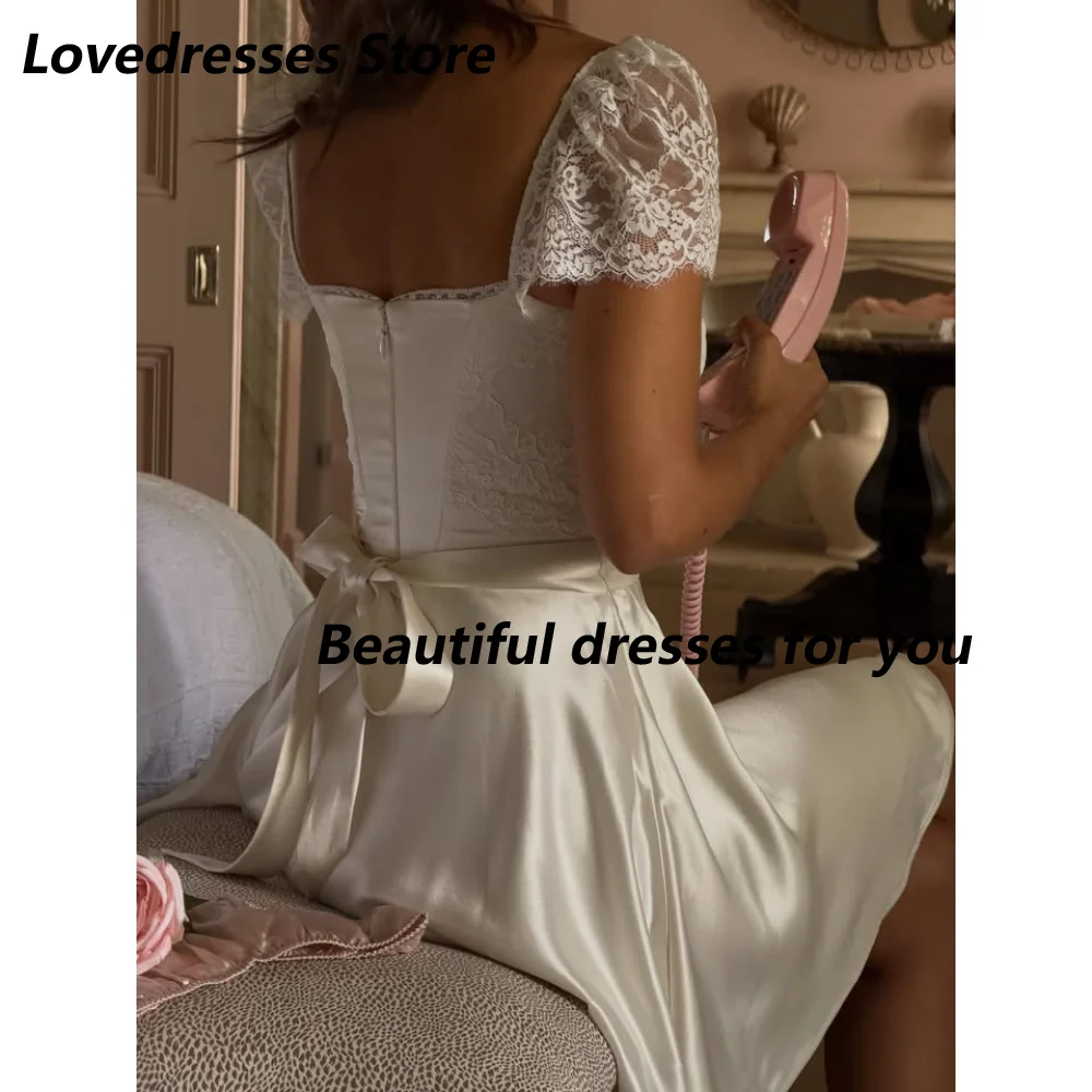 Customized Satin Scoop Neck Lace Sashes Mini Length Pleated A-Line Evening Dresses Backless Short Cap Sleeves Prom Gown