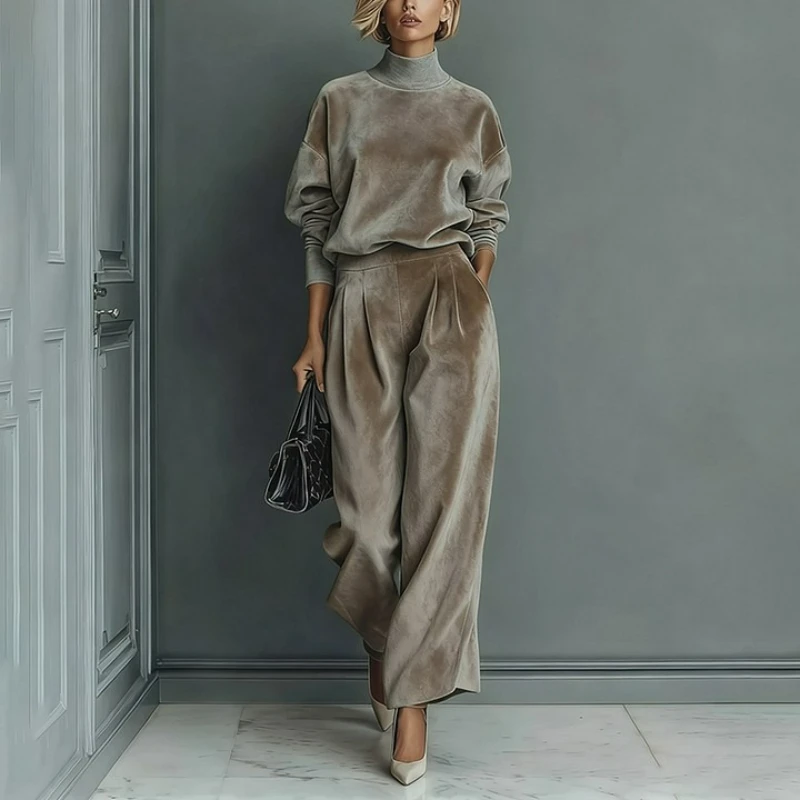 Velvet Long-Sleeved High-Neck Wide-Leg Pants Autumn and Winter Style Women Casual Warm Sportswear Set