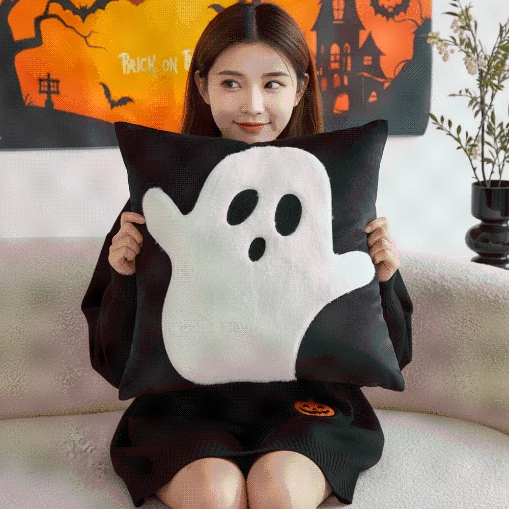 Soft Plush Pumpkin Pillow Case Square Shape Warm Texture Halloween Cushion Cover Orange Cute Embroidery Ghost Cushion Shell