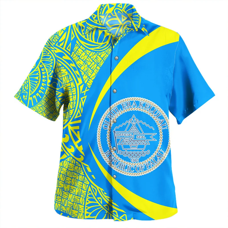 New Summer 3D The Republic Of Palau National Flag Printing Shirts Palau Emblem Coat Of Arm Graphic Short Shirts Vintage Blouses