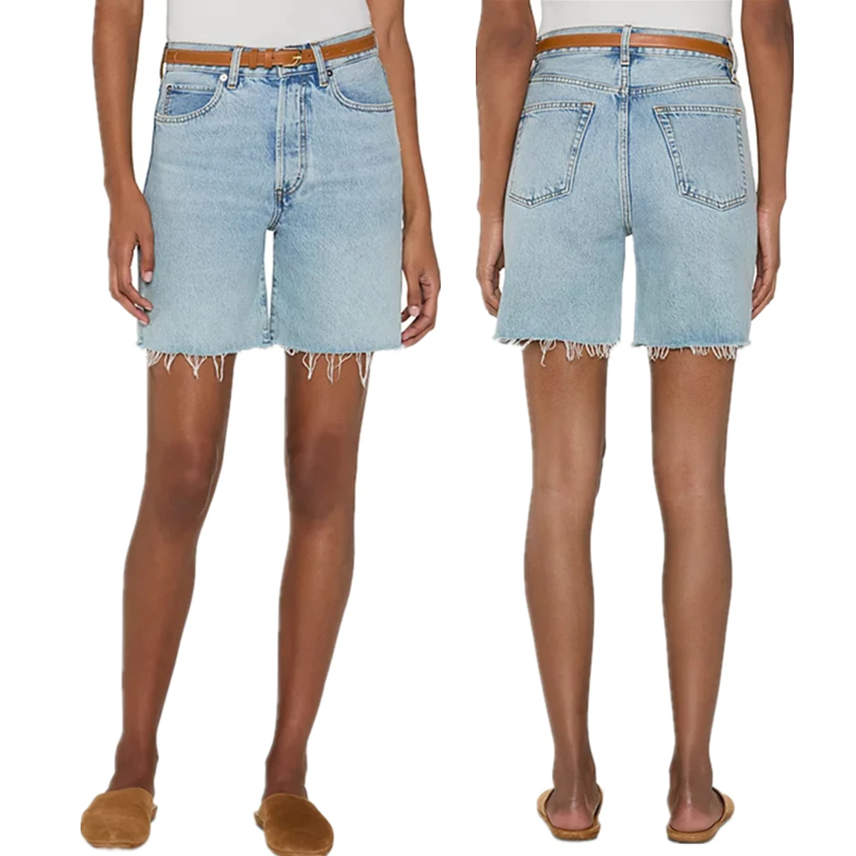 

Jenny&Dave Ins Fashion Blogger French Minimalist Denim Pants Light Blue High Waisted Fringed Bermuda Loose Summer Shorts Women