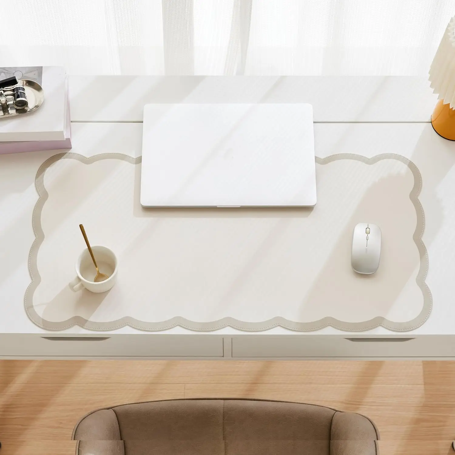 Scalloped Desk Mat 31.5x15.7 Large PU Leather Mouse Pad for Work Home Decor Beige view 3