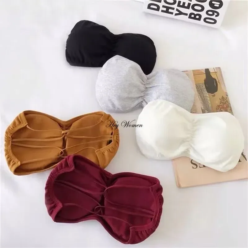 Women's Underwear Beauty Cross Back Strapless Tube Tops Anti-Skid on-Slip Chest Gathered Thin Section Bras Seamless Crop Top