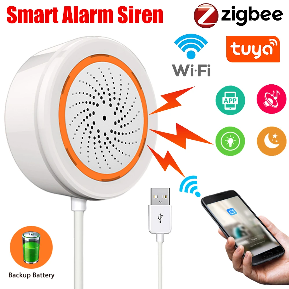 

USB Sound Light Sensor Tuya Zigbee Siren Sound Light Alarm 90dB App Remote Control Home Security Protection System