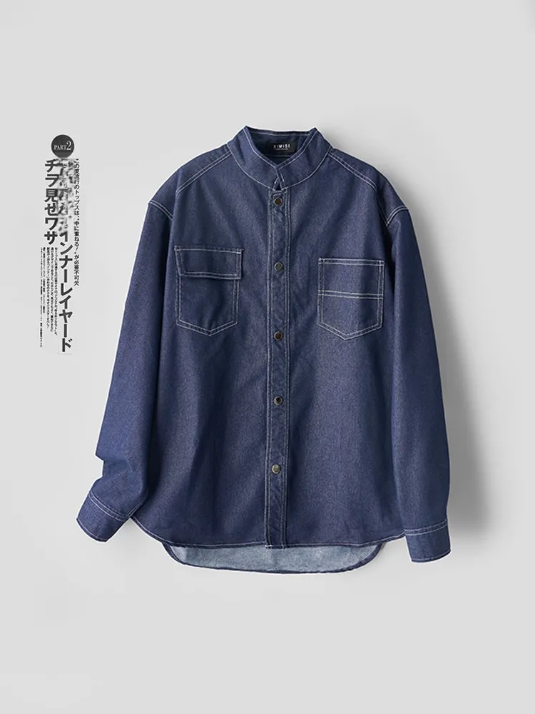 

Casual Style Denim Shirt Men's Long Sleeve Stand Collar Workwear Button Cotton Polyester Washed Autumn Winter Outerwear Coat
