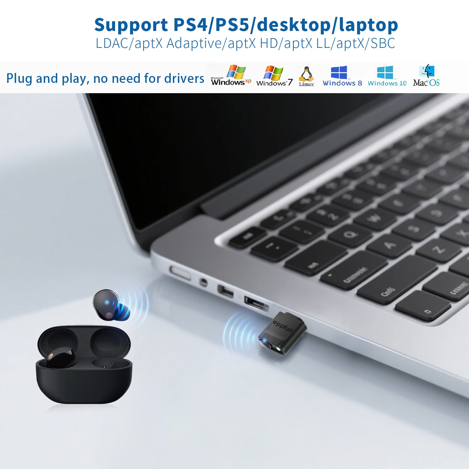 eppfun Type-C Bluetooth 5.4 Transmitter for Mobile/Game Player to Wireless Headphones, LDAC/AptX Adaptive/Low Latency