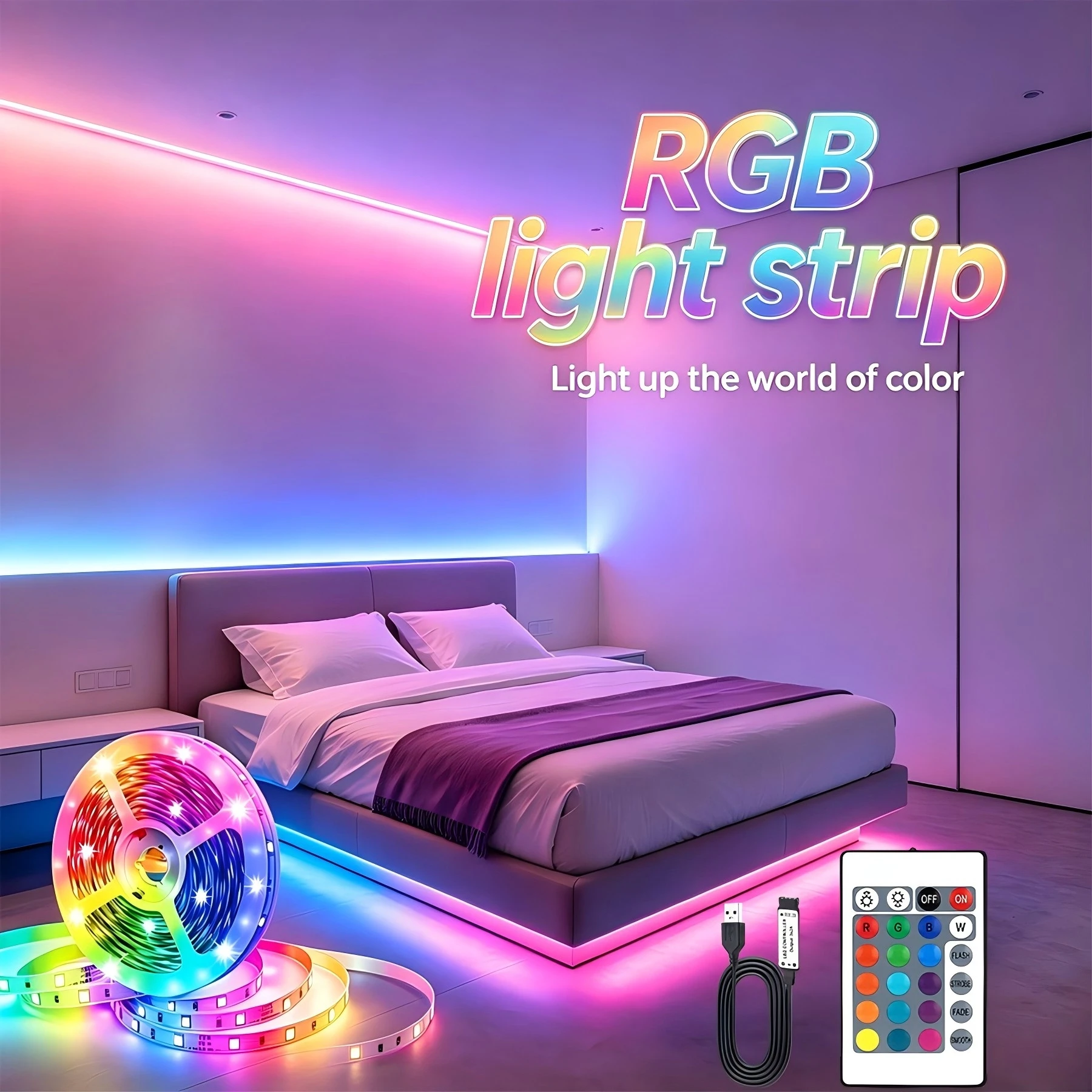 

1-30 meter indoor RGB light strip, USB powered, 24-button control. Ideal for bedrooms, parties, TV backlighting, etc.