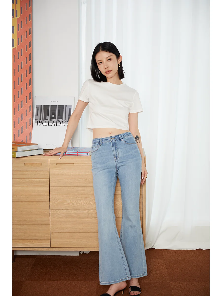 

Классические эластичные джинсы-клеш светло-голубого цвета с завышенной талией JXu Magic Pants, универсальные, на все сезоны, длинные брюки