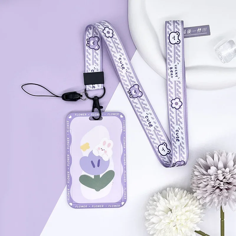 Funda con cordón para tarjeta de acceso, funda bonita con flores para estudiantes y Campus, funda con dibujos animados para autobús, funda para tarjeta de crédito