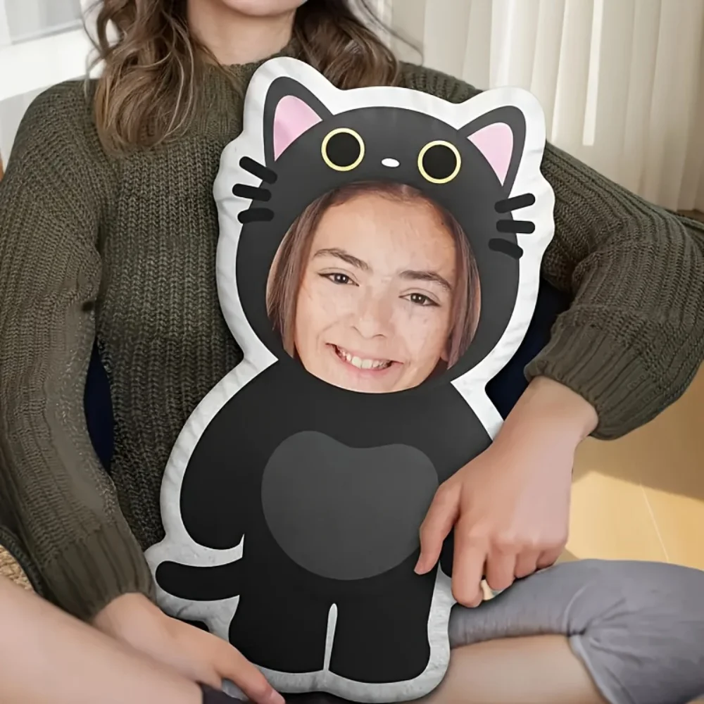 1Pc Personalized Black Cat Custom Face Photo Throw Pillow, Double-Sided Design, Soft Plush Cushion with Insert, Perfect Gift