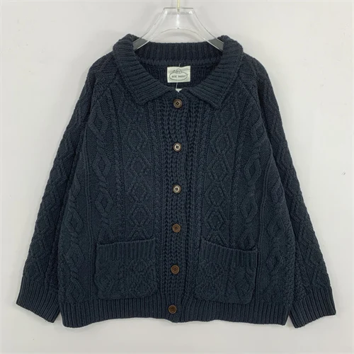 ヴィンテージ風カレッジ風ゆったりカジュアルレディースセーター漫画アニメ柄暖かいニットウール混紡丸首シングルボタン留め