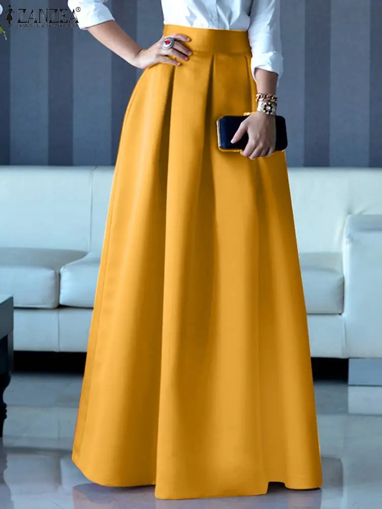 ZANZEA Fashion Women Autumn High Waist Maxi Long Skirt A-line Party Satin Skirt Jupe Vestidos Elegant Office Skirts Faldas Saia