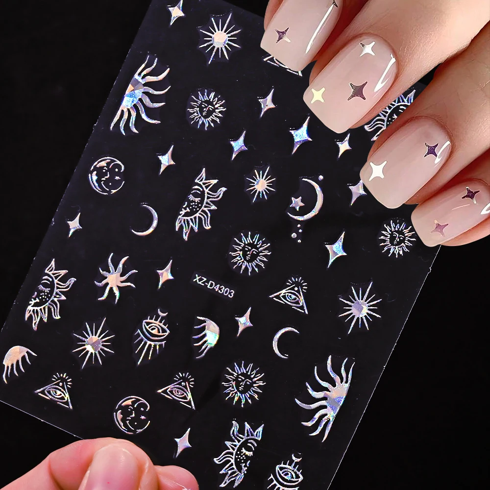 12 Pz/lotto 3D Sole Stella Luna Unghie Artistiche Adesivi Oro Argento Nero Bianco Y2K Starlight Decalcomanie Autoadesive Manicure Slider