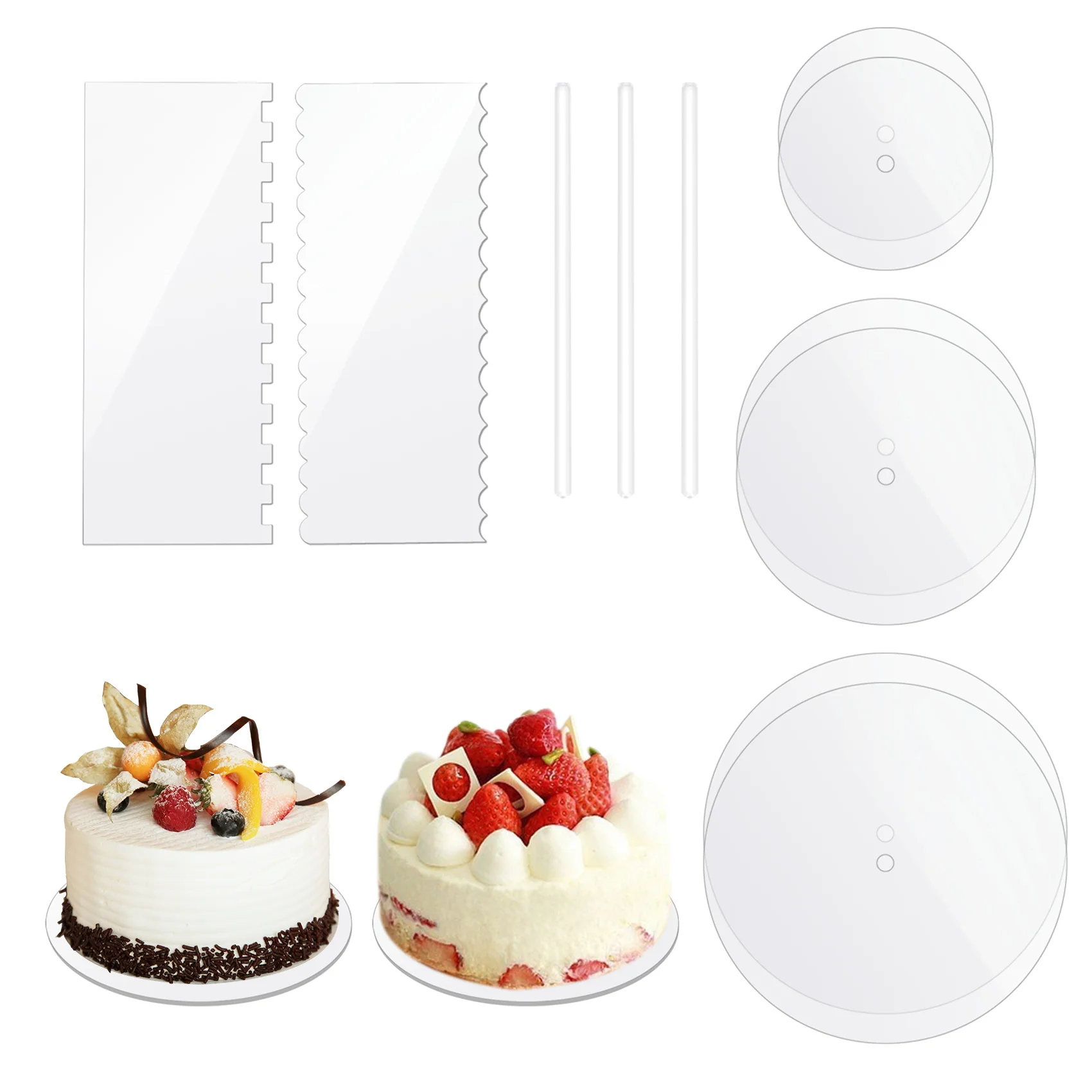 AEE8-Acrylic Round Cake Disk Set - Cake Discs Circle Base Boards With Center Hole - 2 Comb Scrapers (4 Patterns) & Dowel Rod