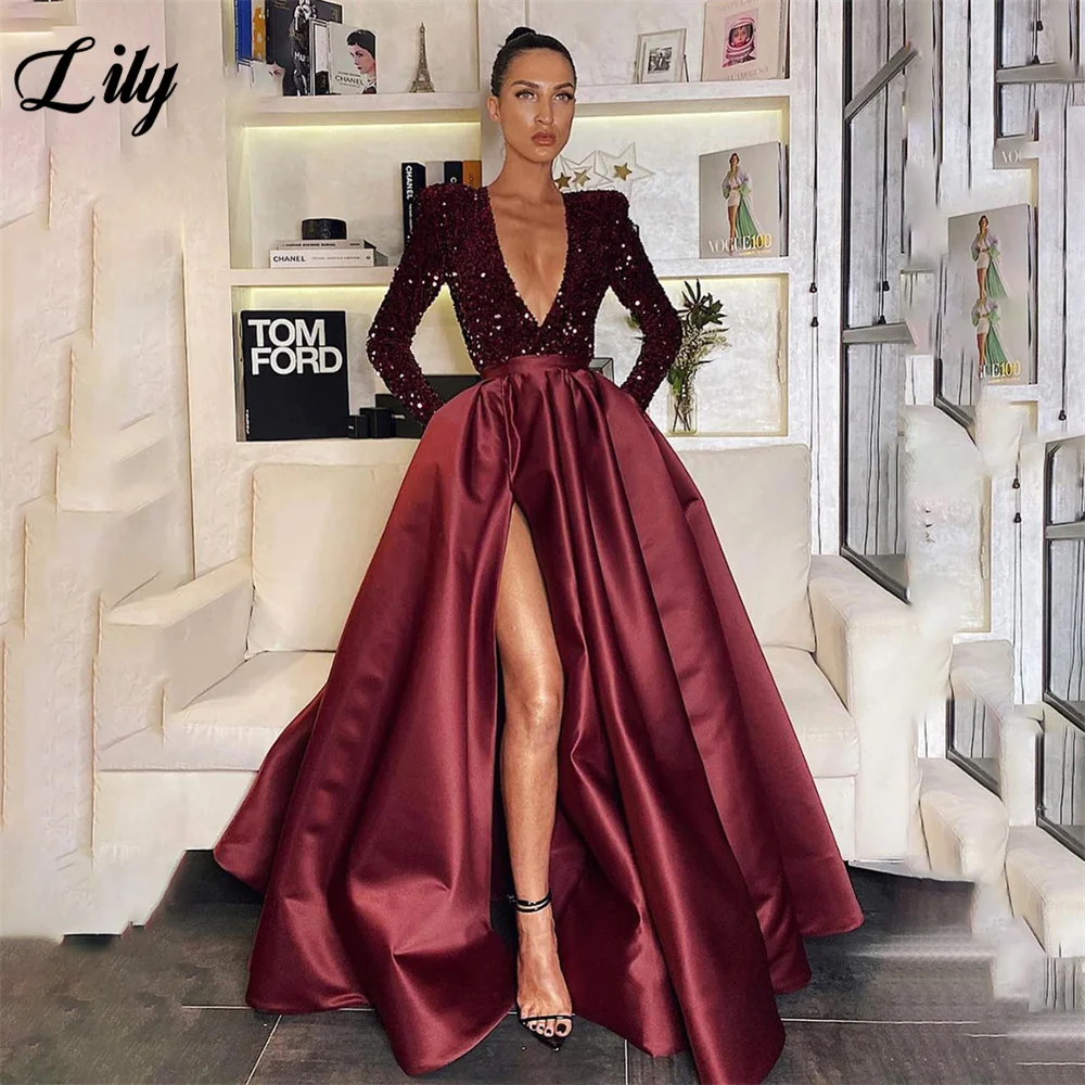 Lily Glitter Deep V Neck Party Dresses For Wedding Full Sleeves A Line Green Prom Dresses Side Split Stain فساتين مناسبة رسمية