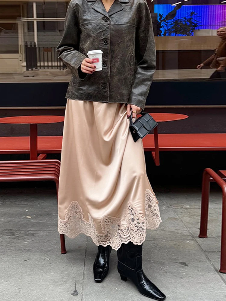 

Шикарные кружевные атласные юбки-миди с рюшами, женская юбка трапециевидной формы с высокой талией, весна-лето 2026, элегантная офисная уличная женская длинная юбка