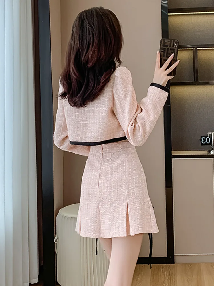 High Quality Small Fragrant Tweed 2 Piece Set For Women Bow Short Jacket Coat + Skirt Suits Fall Winter Ladies Sweet Chic Outfit