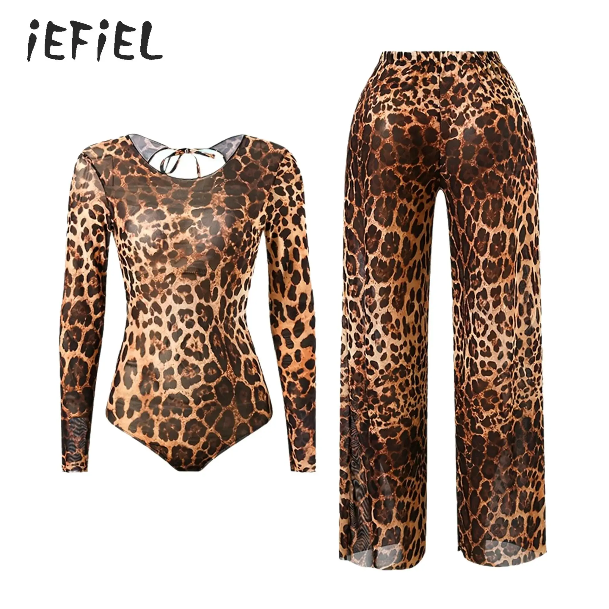 

Women 2 Piece Leopards Print Bathing Suit Sets One-Piece Long Sleeve Chest Pads Back Cutout Swimsuits +Long Pants Beach Swimwear