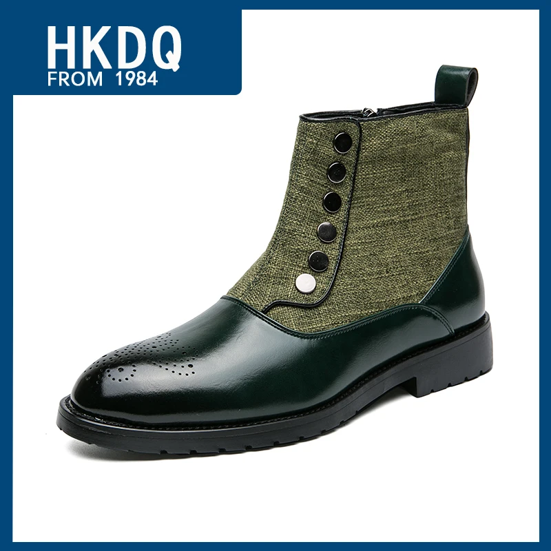 HKDQ Fashion Button Canvas Zip Men's Chelsea Boots High Quality Breathable Mens Leather Boots Comfortable High-top Shoes For Men