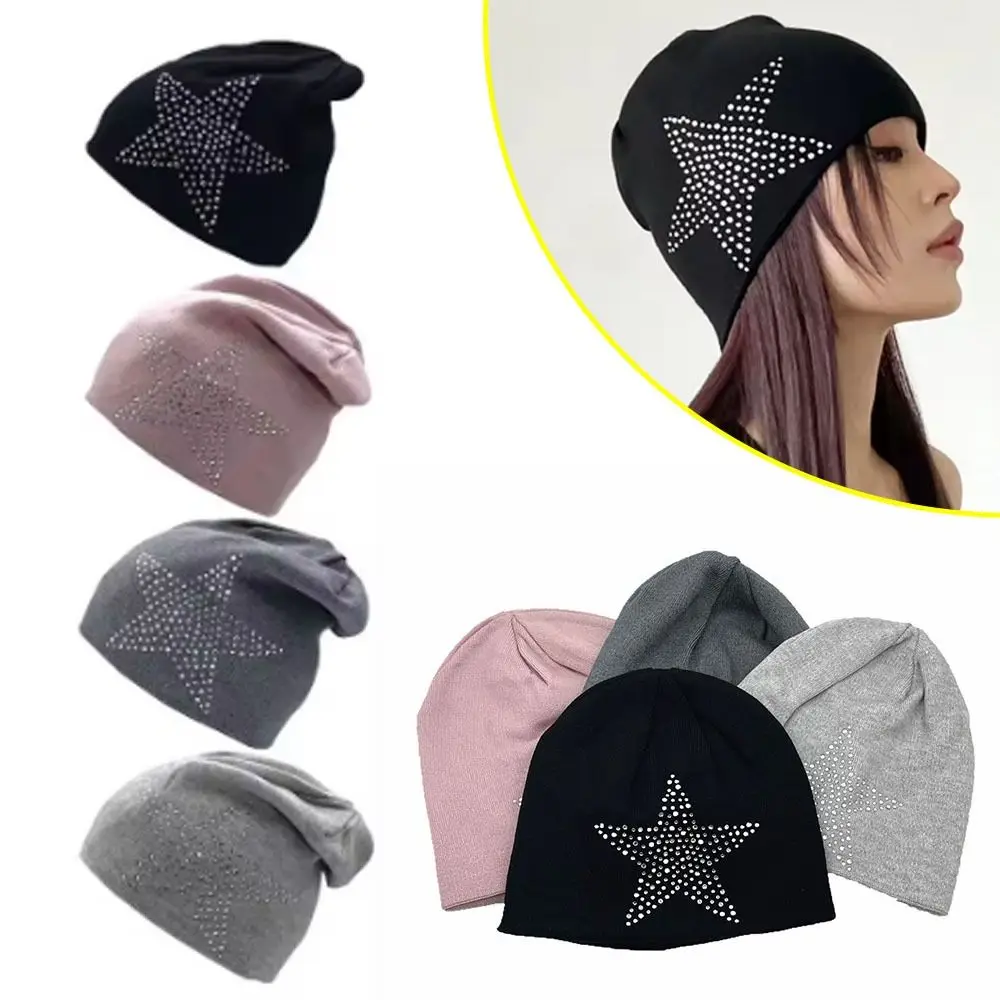 Casual Rhinestone Star Print Women Beanie Hat Warm Windproof Skating Camping Hiking Cap Gothic Punk Hats Autumn Winter