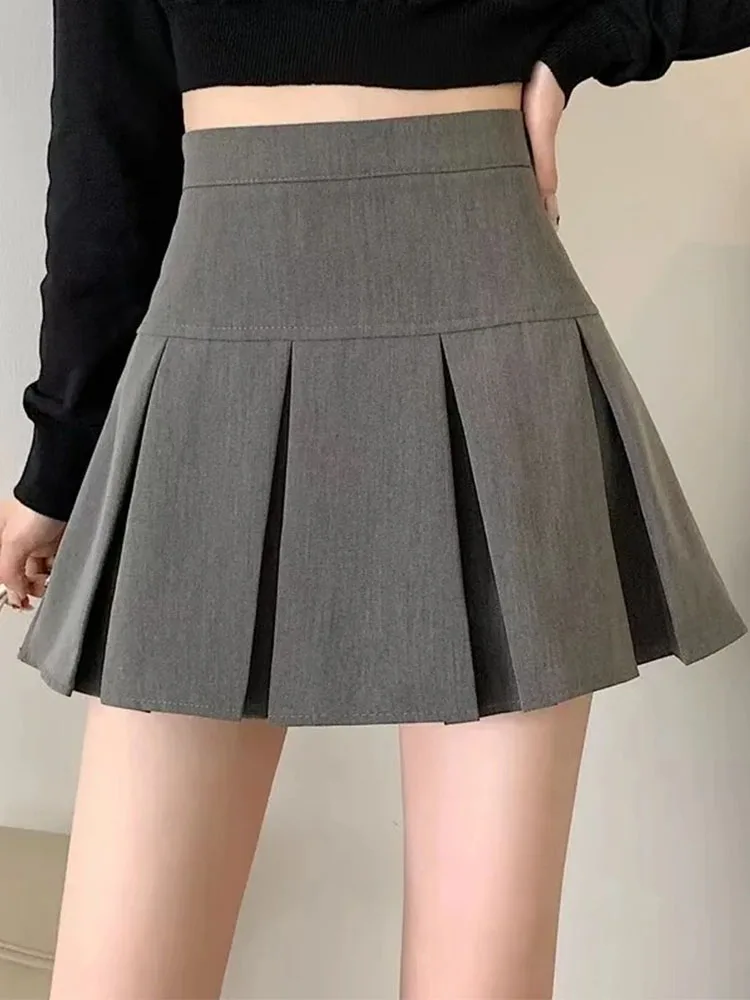 Damska spódniczka mini w stylu vintage, szara, plisowana, kawaii, z wysokim stanem, moda koreańska, mundurek szkolny, streetwear Harajuku, wiosna — zdjęcie 2