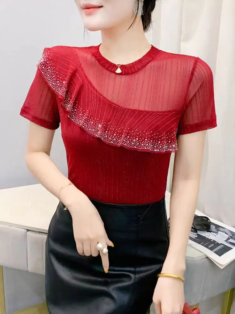 New 2025 Summer Women's Fashion Ruffled Top: Sheer Mesh Contrast Color Panels Short Sleeve T-shirts