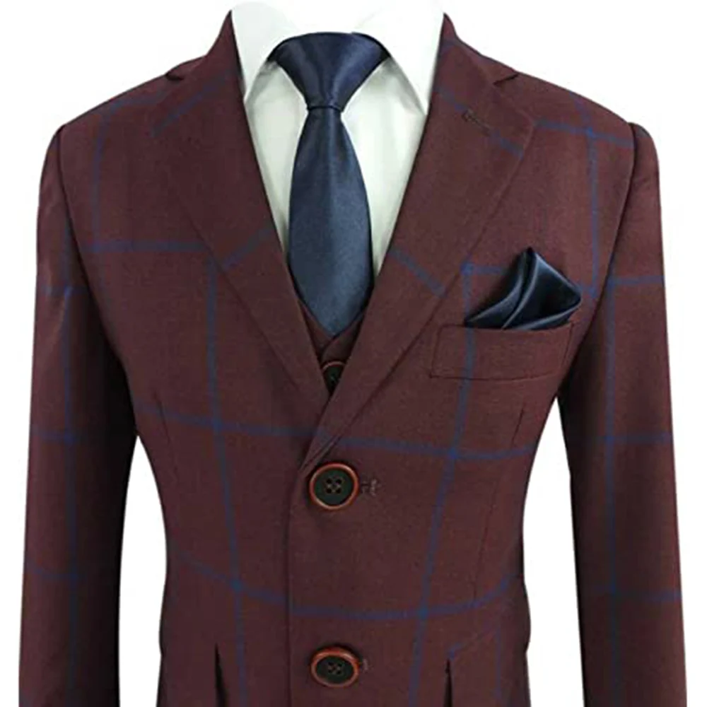 Boy’s Windowpane Check Tailored Fit Burgundy with Blue Stripes Suit Vintage Set Suit for Wedding Jacket Vest Pants Set 3 Piece