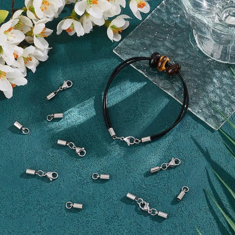 20pcs Stainless Steel Cord Ends Caps Connector with Jump Rings and Lobster Claw Clasps Leather Cord Ends Terminators Crimp