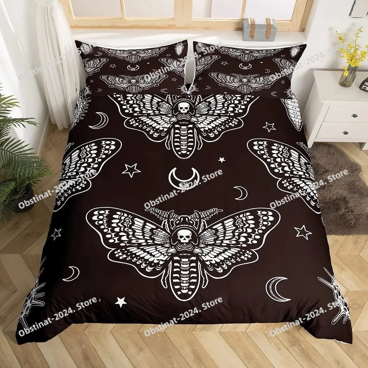 

Death Moth Duvet Cover Set King Queen Full Twin Size Galaxy Sun and Moon Polyester Comforter Cover Boho Gothic Skull Bedding Set