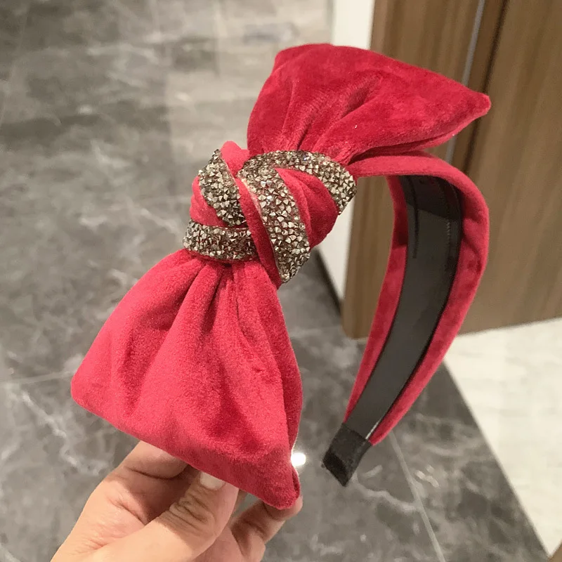 South Korea\'s High-end Flannel Hairband Handmade Diamond-studded Super Flash Luxury Big Bow Wide-brim Hair Band Ladies Headband