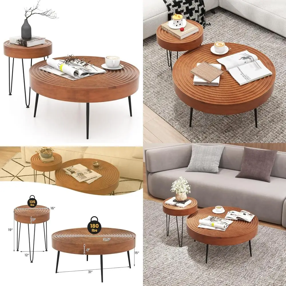 

Rustic Farmhouse Style Coffee Table Set - 2 Piece Wood and Metal Accent Tables with Adjustable Feet