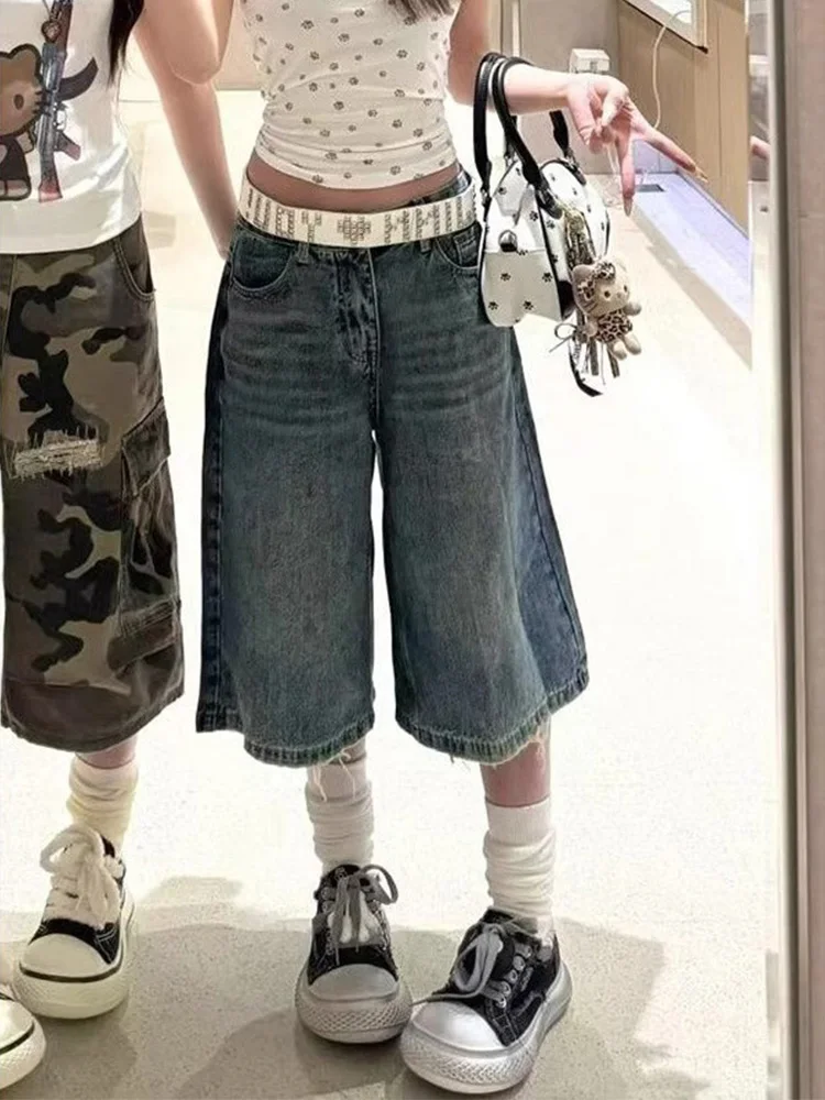 

Американские винтажные потертые широкие джинсы с высокой талией, женские летние свободные повседневные прямые брюки средней длины с пятью точками для девочек