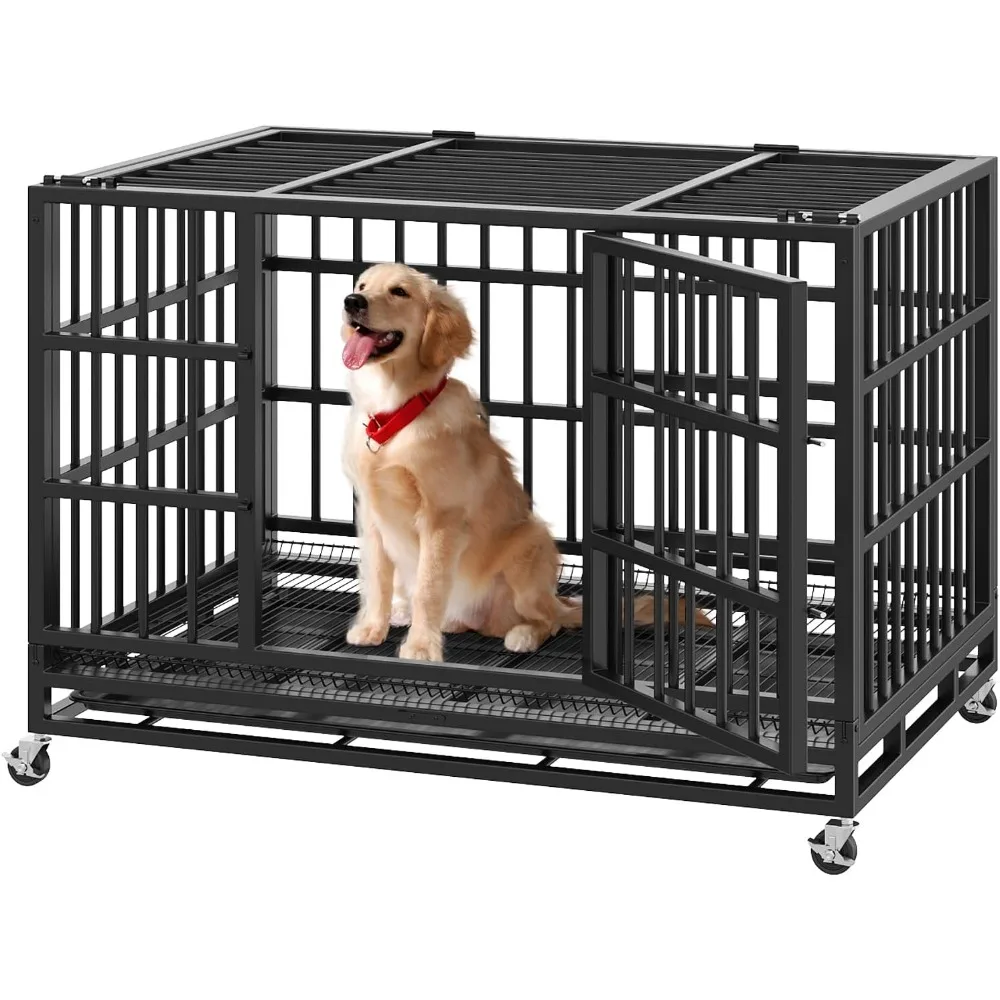

54 inch heavy duty indestructible dog crates for large dogs，escape proof dog cage large dogs with lockable wheels，dog kennel fu