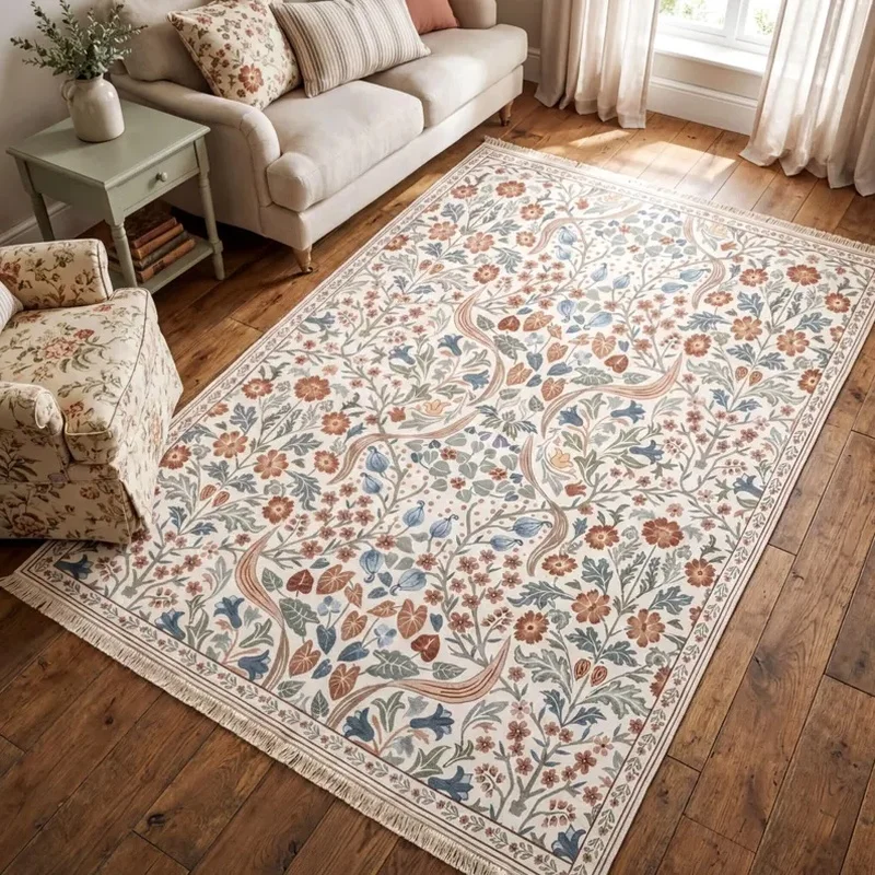 VIKAMA Cream Botanical Vine Rug, Terracotta Blue Sage Floral Cottagecore Print, Washable Non-Slip for Living Room Bedroom