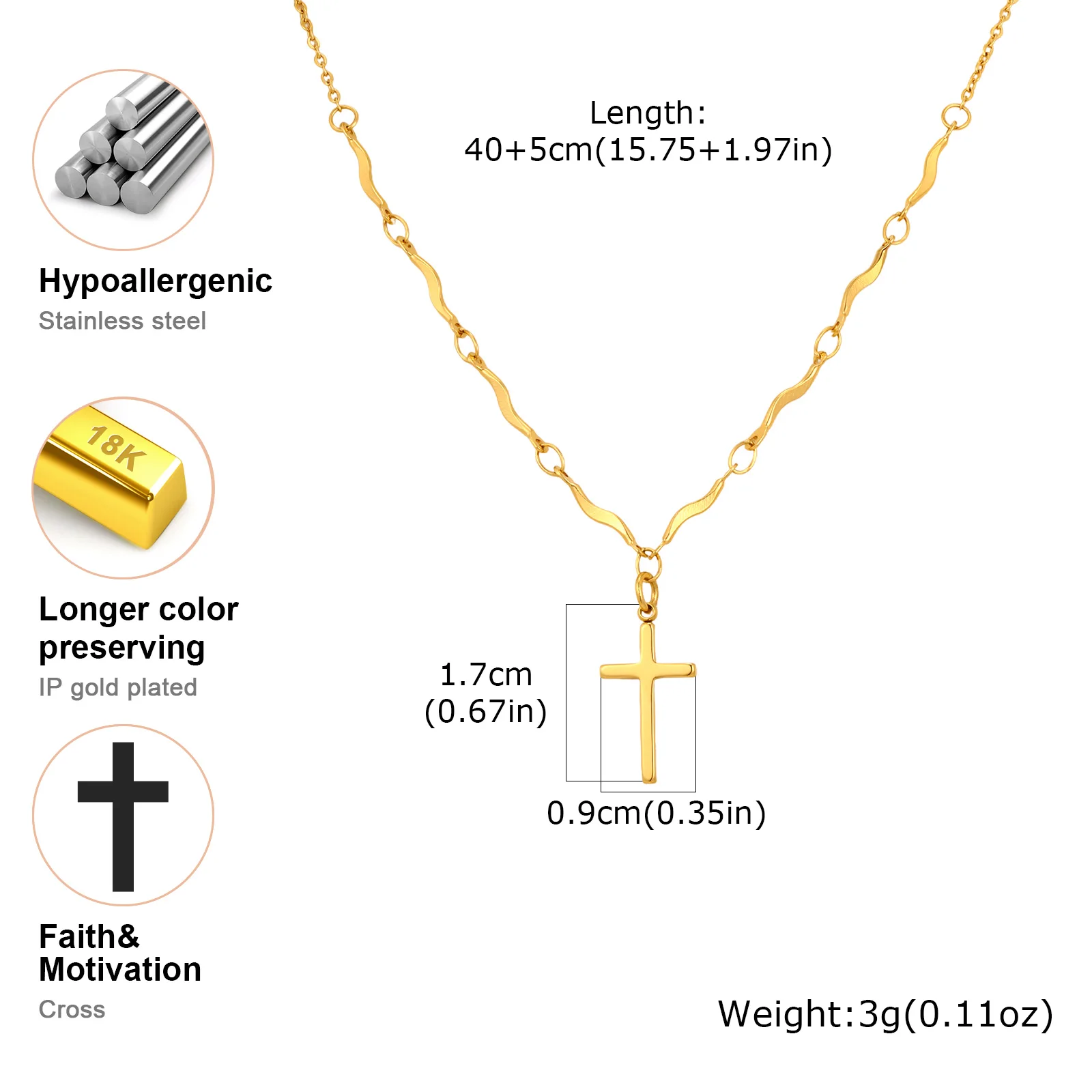 Minimalistische Halskette mit Kreuzanhänger aus Edelstahl, lichtecht vergoldete Wellenkette, Charm-Halskette, exquisiter Schmuck für Frauen – Detail 8