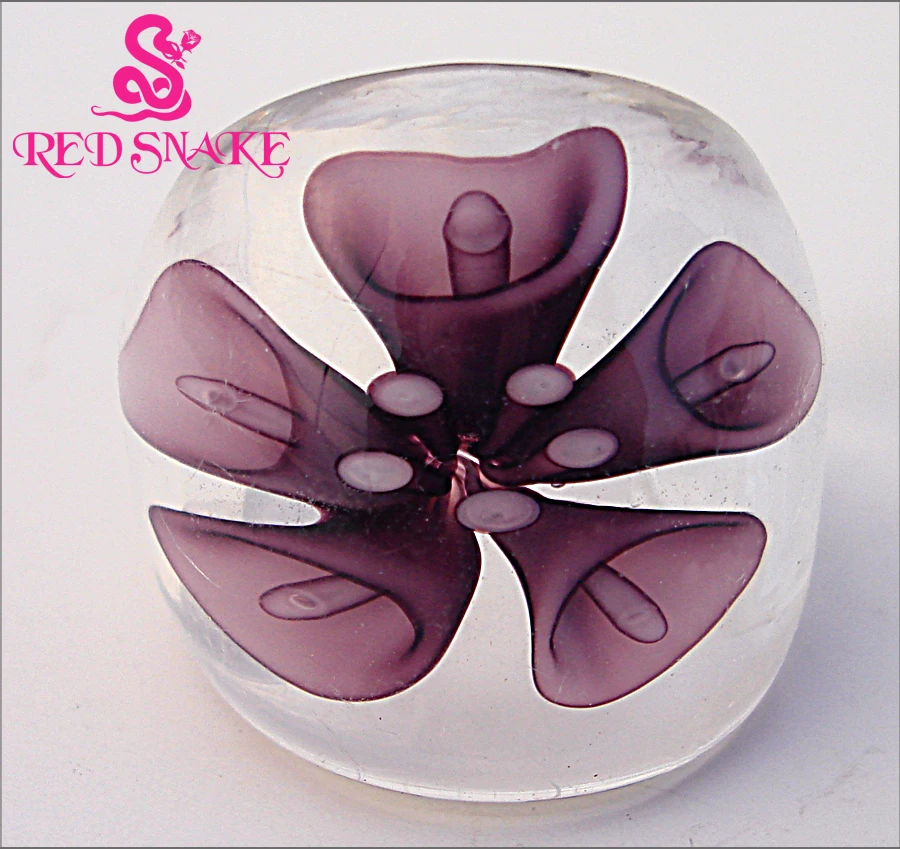 RED SNAKE Fashion Ring Handmade Transparent bottom with Purple jacinth Morning glory flower drawing opaque Murano Glass Rings