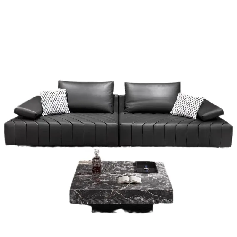 

Italian simple thickened cowhide Roland sofa modern minimalist living room black straight row leather leather sofa