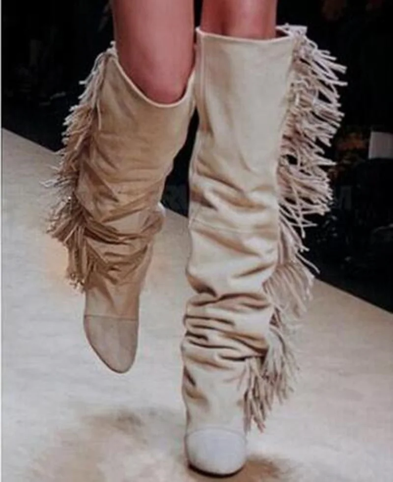 Fashion White Knee High Boots Fringe Wedge Height Increaing Winter Women Boots Top Brand Round Toe Female Motorcycle Tassel Boot