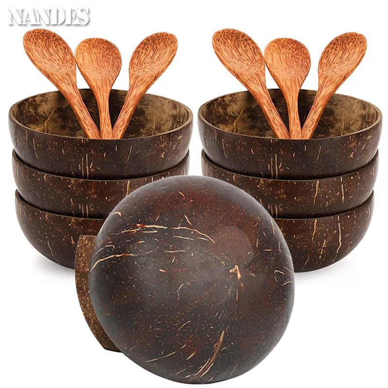 Natürliche Kokosnuss Schüssel Set Handgemachte Holz Geschirr Holz Löffel Dessert Obst Salat Mischen Ramen Lagerung Schüssel Küche Geschirr