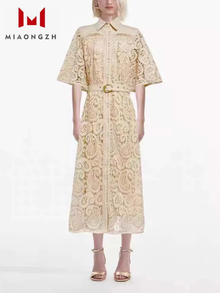 

2025 New Embroidery Hollow Out Dress For Women Turn Down Collar Short Sleeve Temperament High Waist Female Fashion Party Dresses