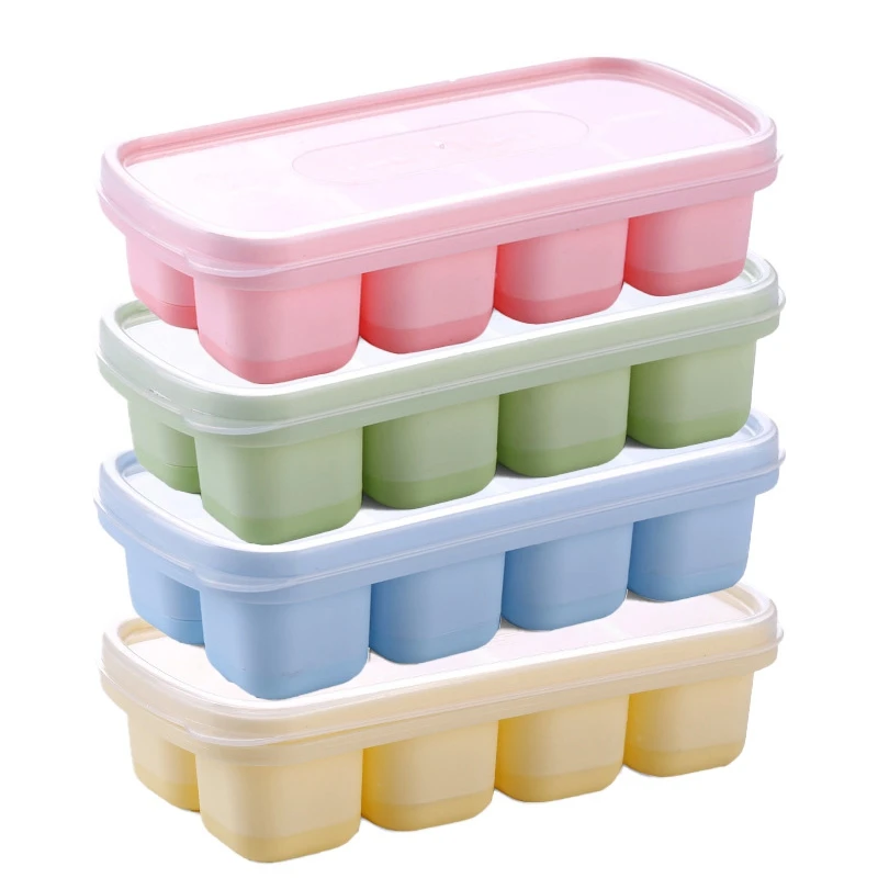 4-Piece Silicone Ice Square Tray with Splash-Proof Removable Lid, Easy to Disassemble and Stackable, 8 Ice Trays