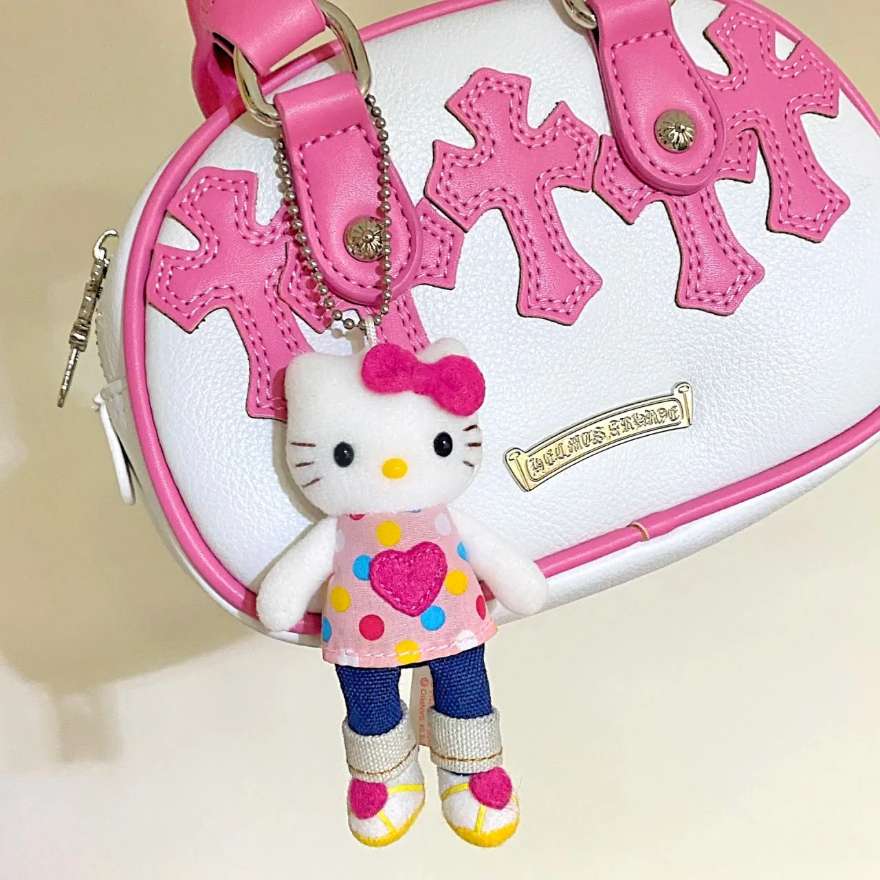 

Hello Kitty Keychain Polka Dot Long Leg Pendant Medieval Denim Uniform Plush Doll Key School Bag Pendant For Girls Accessories
