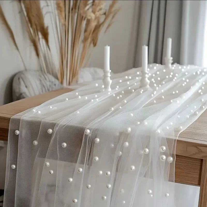Pearl Tulle Table Runner, White Mesh Gauze With Pearls, Wedding Party Decoration Home Banquet, Centerpiece Tablecloth