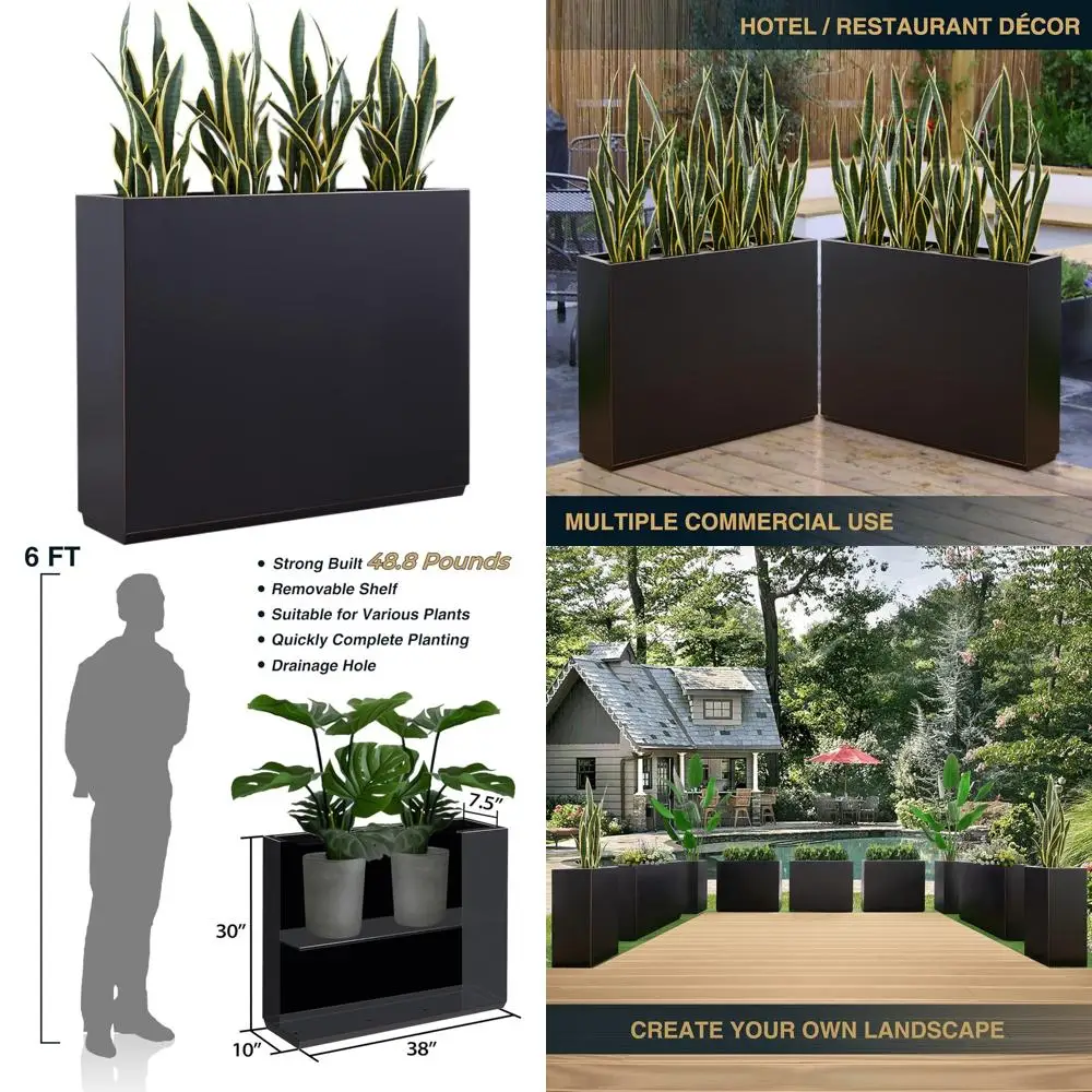 

Высокий металлический ящик для цветов на открытом воздухе, длина 38, длина x 10, ширина x 30, высота, длинный металлический перегородка и матовая вручную отделка.