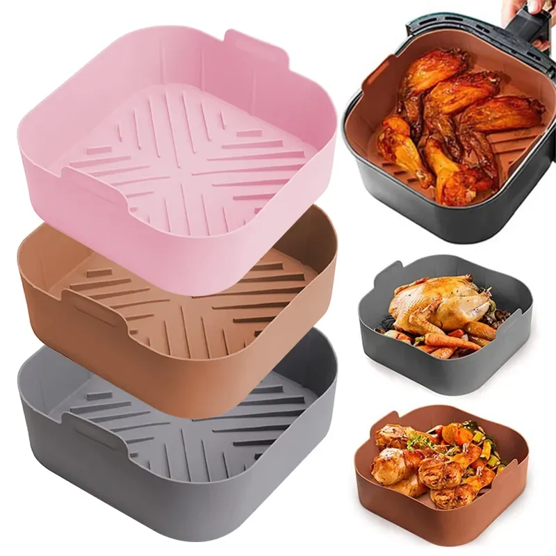 Silicone Air Fryer Pot Tray BBQ Barbecue Pad Plate Airfryer Oven Baking Mold Pot Food Safe Reusable Square Air Fryer Pan 21cm